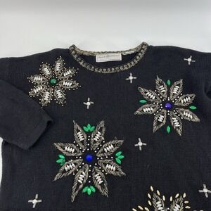 Maggie Lawrence Black Beaded Christmas Holiday Sweater 14/16